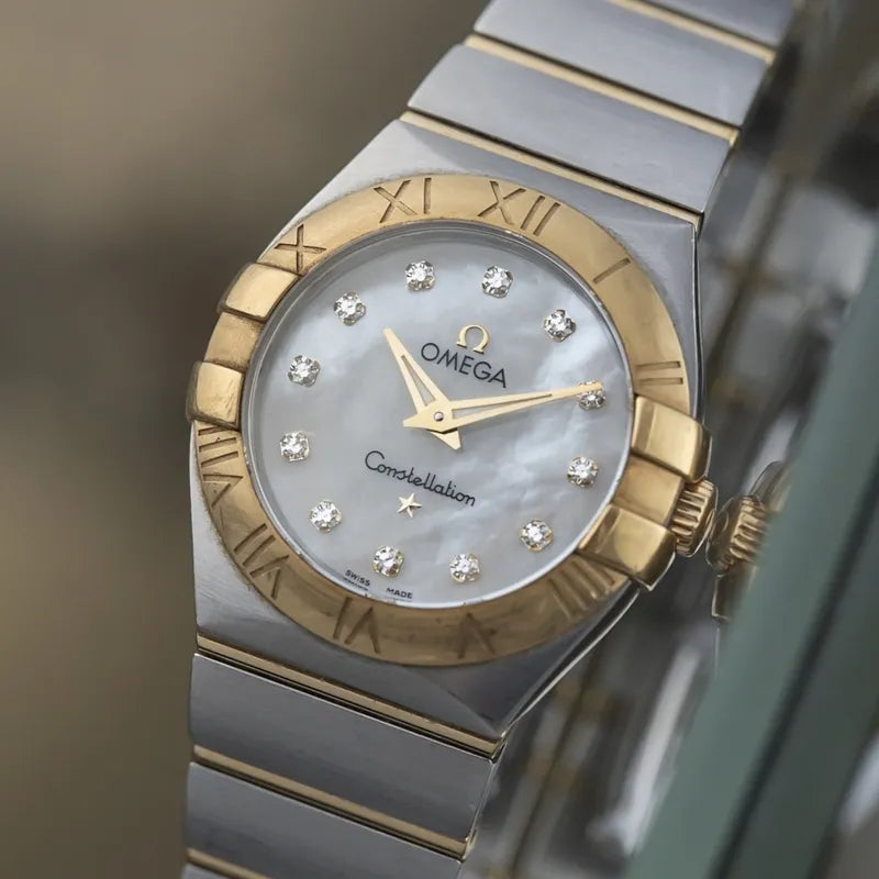 27mm Omega 18k Gold Constellation 123.20.27.60.55.003 Mother Pearl Diamond Dial