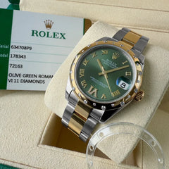 31mm Rolex Datejust 178343 Olive Green & Diamond VI Box + Papers