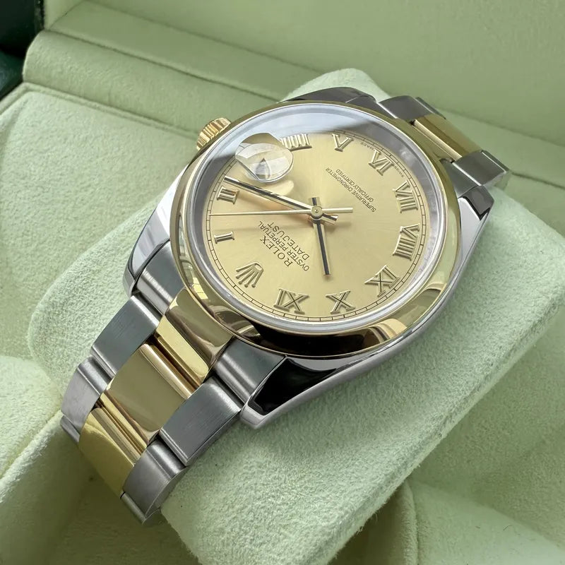 36mm Rolex 116203 Datejust Gold Roman Numeral Dial- Box + Papers - Serviced!
