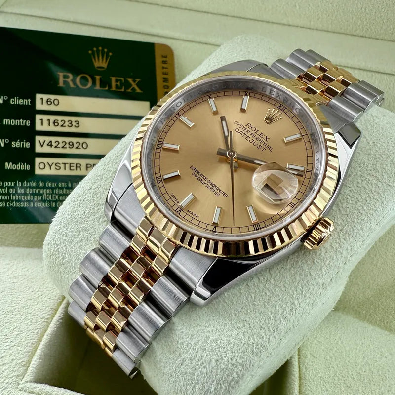 36mm Rolex 116233 Datejust Gold Dial Jubilee Box + Papers