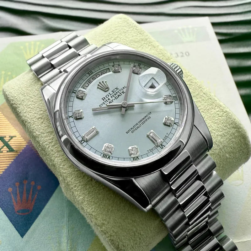 36mm Rolex Platinum President 118206 Glacier Blue Dial – Serviced - Box + Papers