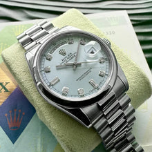Load image into Gallery viewer, 36mm Rolex Platinum President 118206 Glacier Blue Dial – Serviced - Box + Papers
