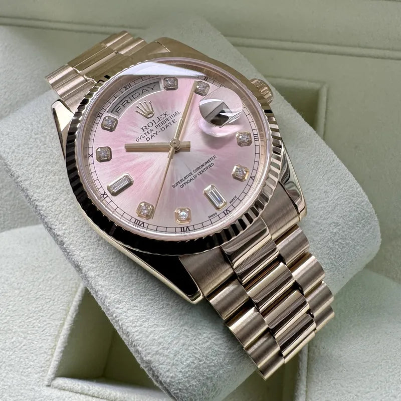 36mm Rolex President Gold 118238 Box Papers - Tropical Pink Diamond Dial