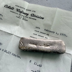 5.3oz Cobalt Mining Refinery .999 Silver Poured bar - 1970 Original Receipt&nbsp;