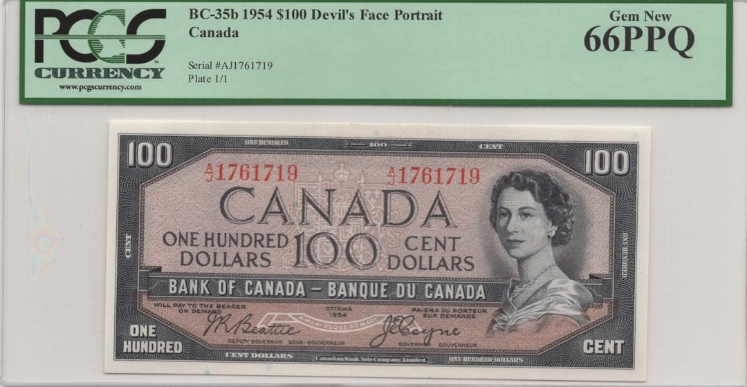 1954 $100 Bank of Canada Note Devil’s Face Portrait BC-35b – UNC-66PPQ