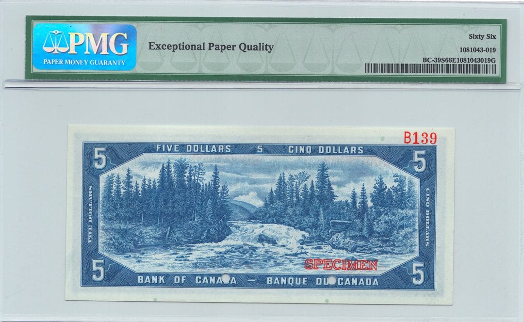 1954 $5 Bank of Canada SPECIMEN BC-39S PMG UNC 66EPQ