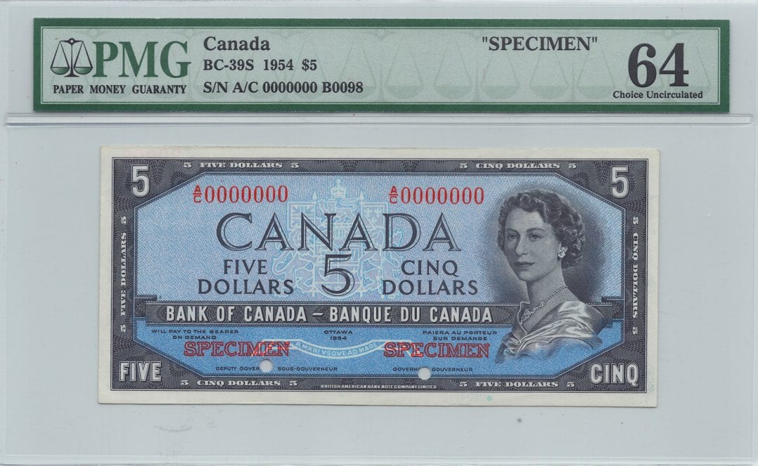 1954 $5 Bank of Canada SPECIMEN BC-39S- UNC 64