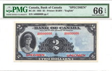 Load image into Gallery viewer, 1935 $2 Bank of Canada SPECIMEN BC-3S PMG GEM UNC 66 EPQ
