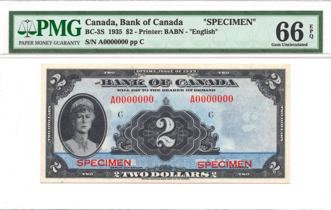 1935 $2 Bank of Canada SPECIMEN BC-3S PMG GEM UNC 66 EPQ
