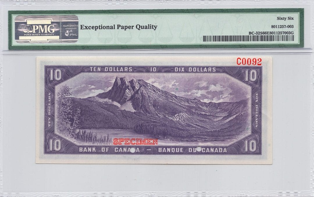 1954 $10 Bank of Canada SPECIMEN BC-32S PMG GEM UNC 66 EPQ