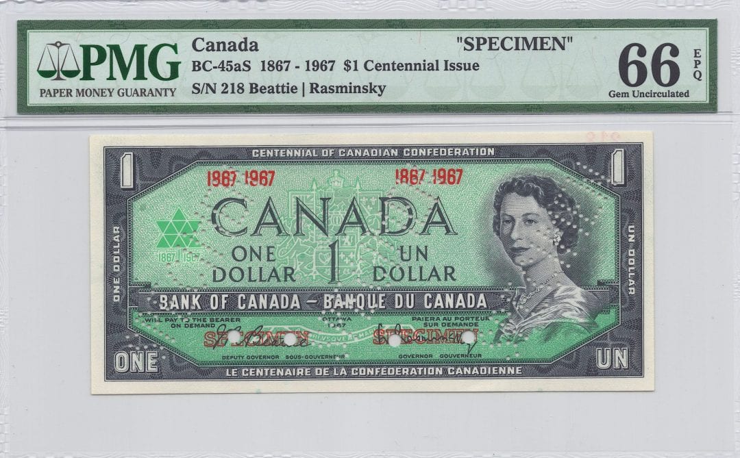 1867 - 1967 $1 Bank of Canada SPECIMEN BC-45aS - PMG GEM UNC 66 EPQ