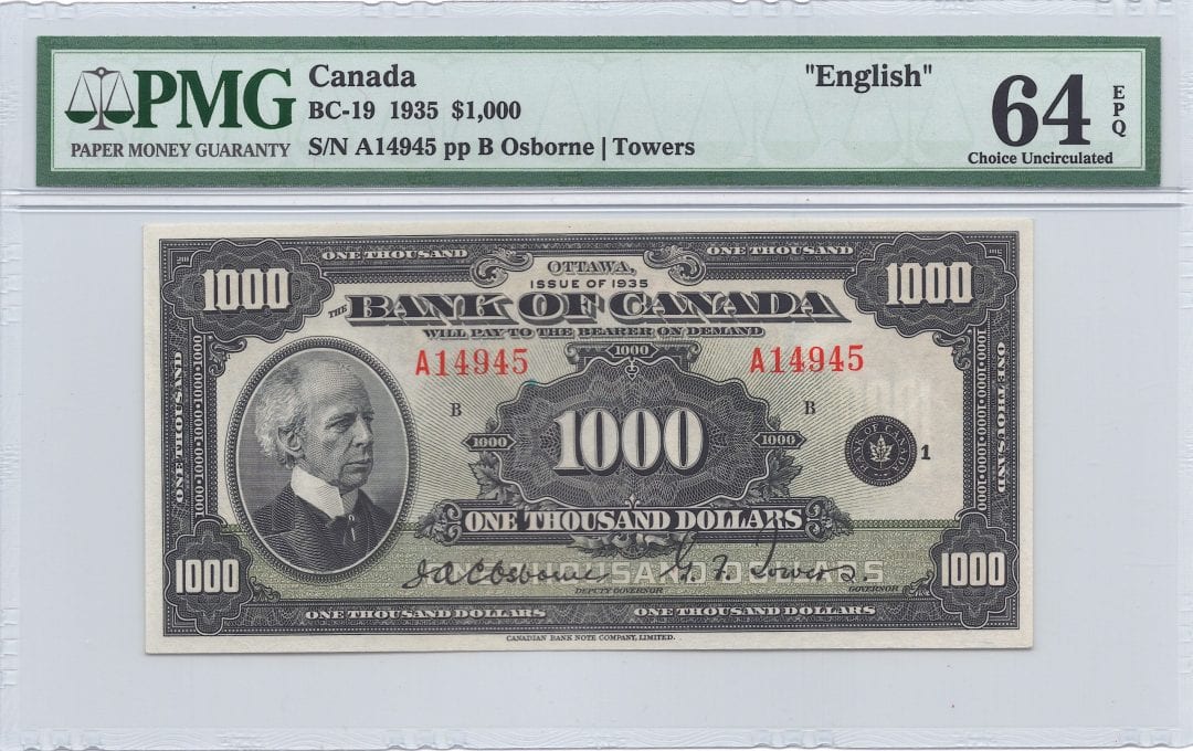 1935 $1000 Bank of Canada English BC-19 - PMG UNC 64EPQ