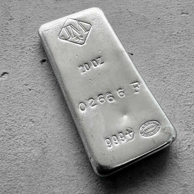 ERROR Vintage 20 oz .999 Silver Johnson Matthey Poured bar - F Serial Horizontal