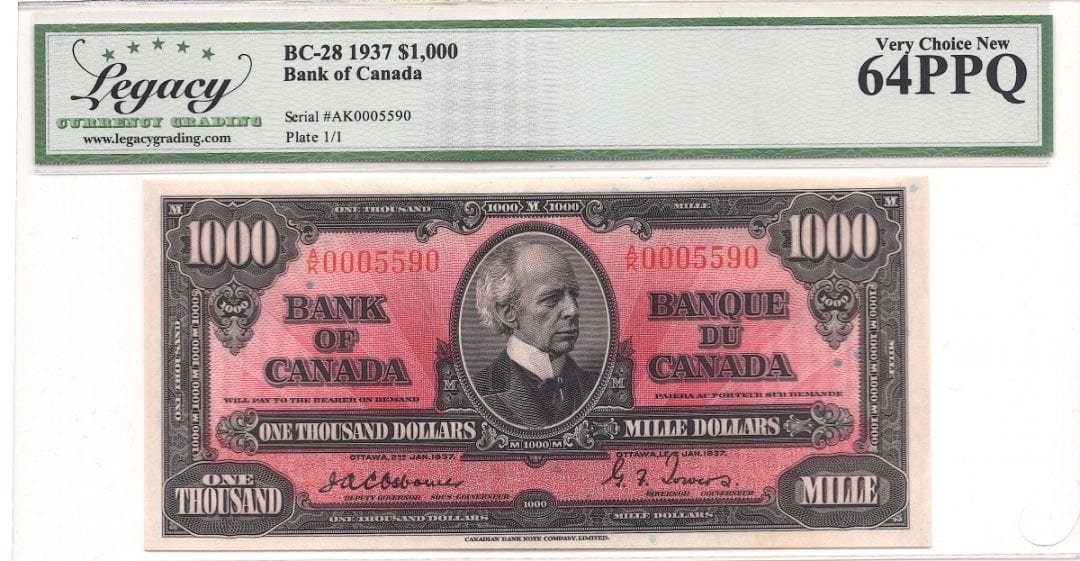 1937 Bank of Canada $1000 LCGS 64 PPQ