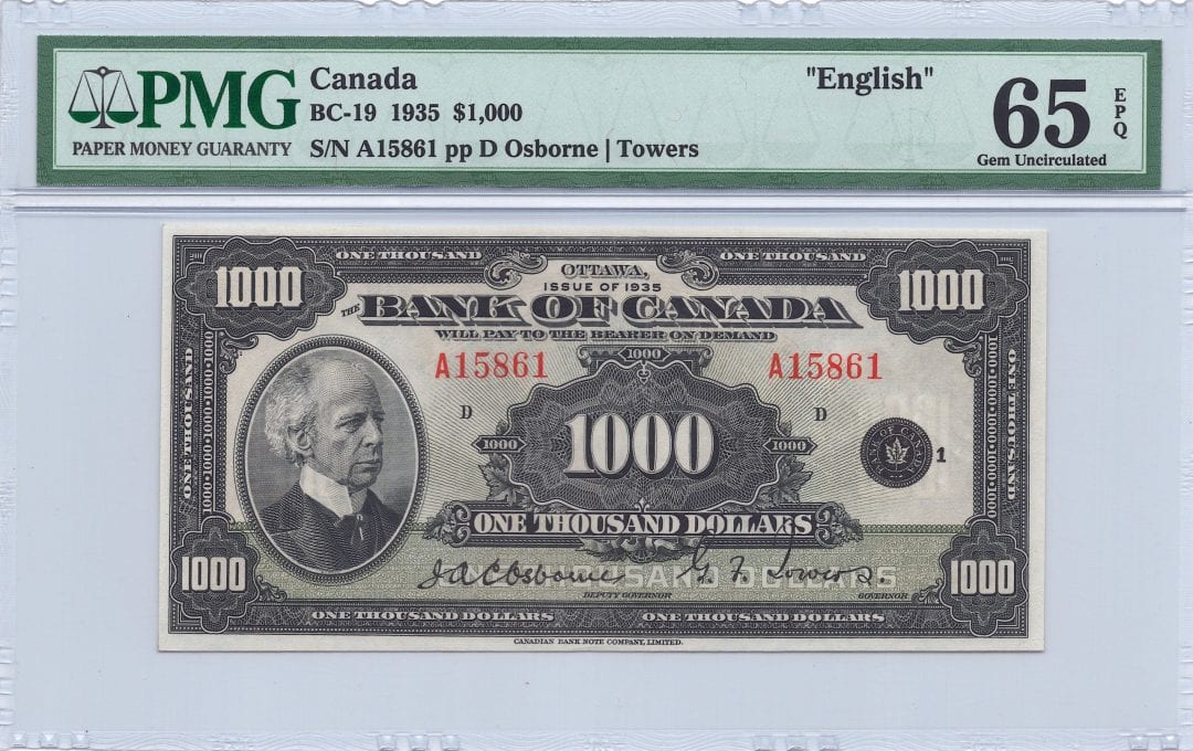 1935 $ 1000 Bank of Canada BC-19 English PMG GEM UNC - 65 EPQ