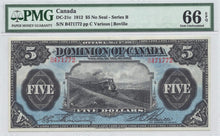 Load image into Gallery viewer, 1912 $ 5 Dominion of Canada DC-21c No Seal PMG Gem UNC - 66 EPQ
