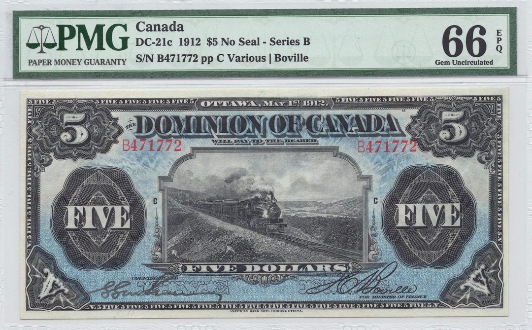 1912 $ 5 Dominion of Canada DC-21c No Seal PMG Gem UNC - 66 EPQ