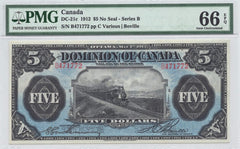 1912 $ 5 Dominion of Canada DC-21c No Seal PMG Gem UNC - 66 EPQ