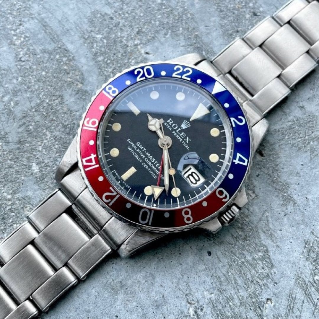 1968 Rolex GMT Master 1675 Wristwatch Riveted Bracelet -Attractive Creamy Patina