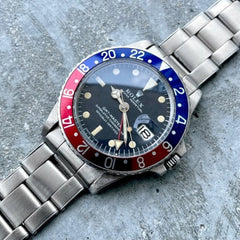 1968 Rolex GMT Master 1675 Wristwatch Riveted Bracelet -Attractive Creamy Patina