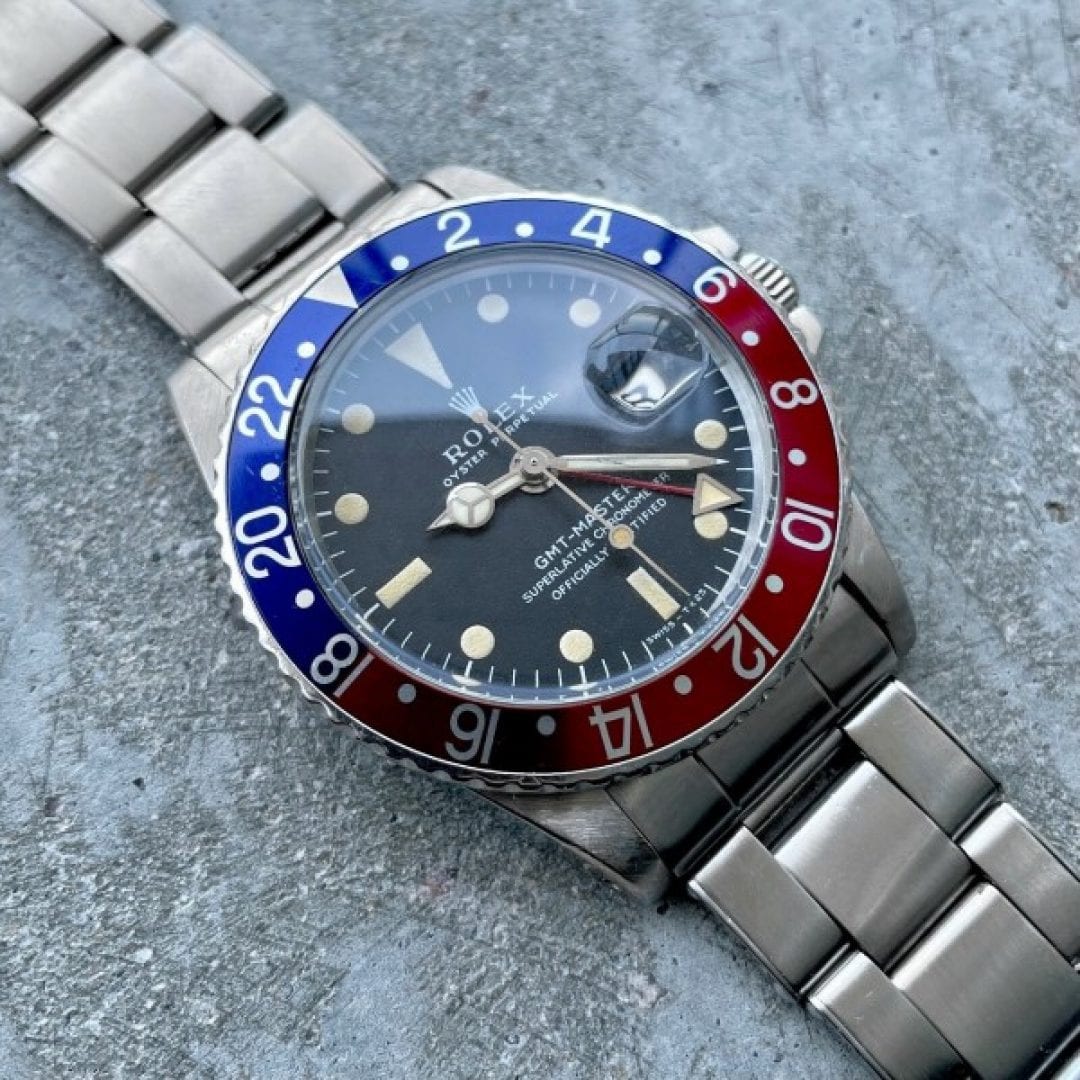 1968 Rolex GMT Master 1675 Wristwatch Riveted Bracelet -Attractive Creamy Patina