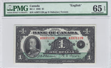 Load image into Gallery viewer, 1935 $1 Bank of Canada BC-1 English PMG GEM UNC - 65 EPQ
