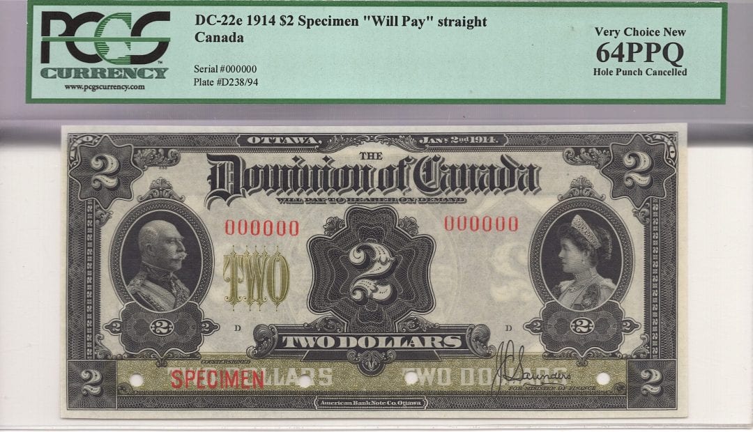 PCGS - 1914 $2 Dominion of Canada DC-22 UNC - 64 PPQ