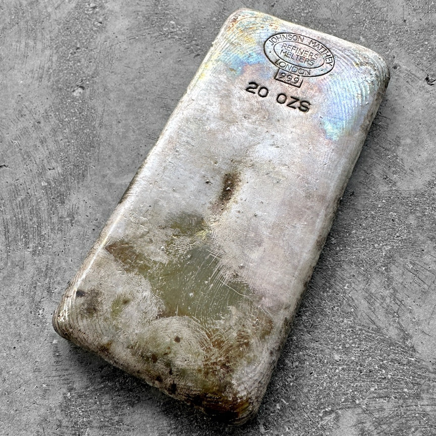 Vintage Johnson Matthey London 20oz poured silver bar with rainbow toning