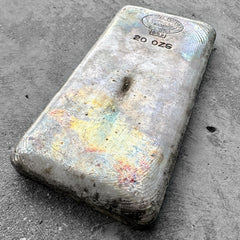 Vintage Johnson Matthey London 20oz poured silver bar with rainbow toning