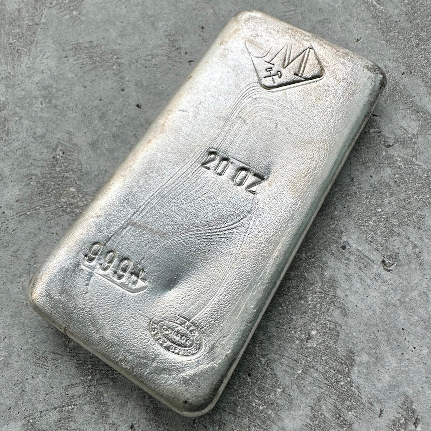 Vintage Johnson Matthey London 20oz poured silver bar stunning pour lines