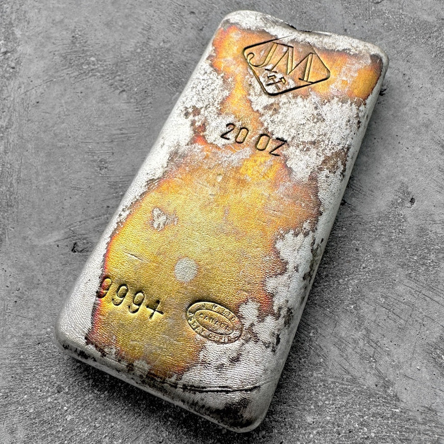Vintage Johnson Matthey London 20oz poured silver bar rainbow toning