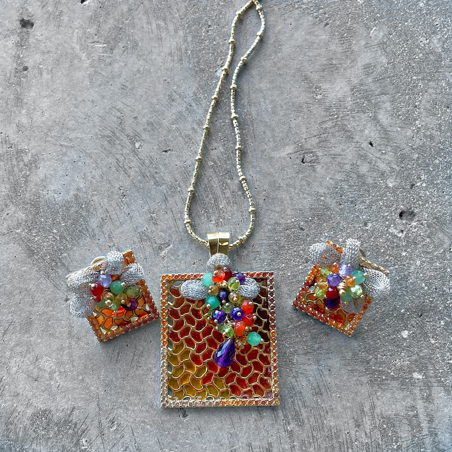 Designer piece with gemstones and enamel Earring and  Necklace set