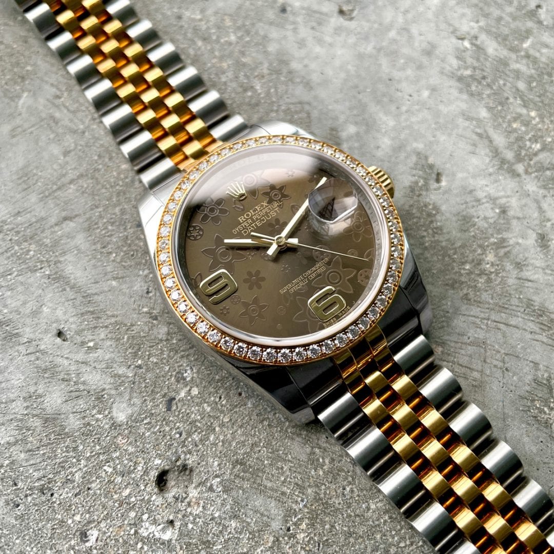 Rolex 36mm Datejust 116243 - Factory Diamond Bezel with Chocolate Floral Dial