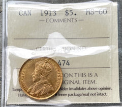 1913 Canada Gold $5 Coin - ICCS MS 60