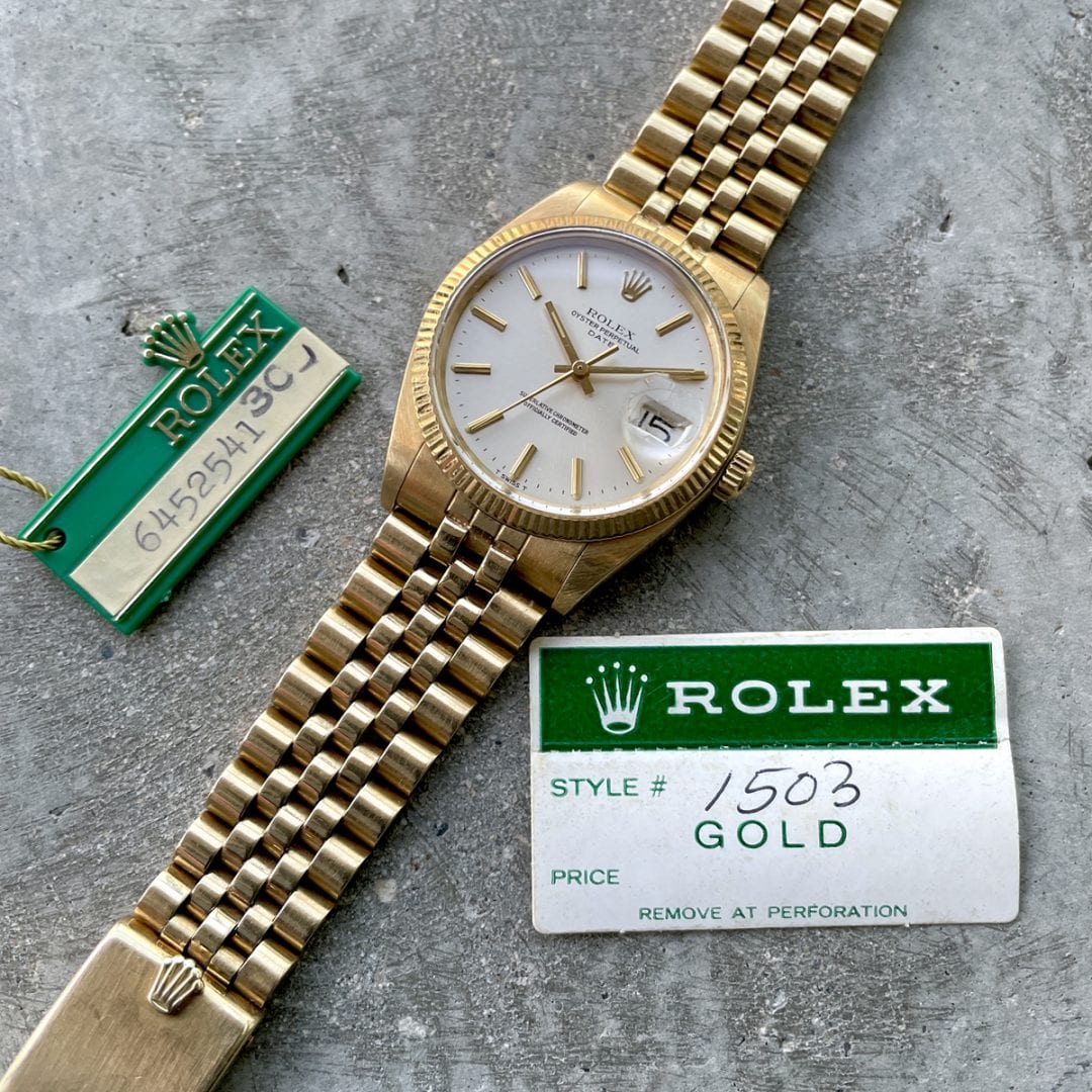 1980 Vintage Rolex Date 1503 Mens 14K Yellow Gold Watch Champagne Dial Jubilee