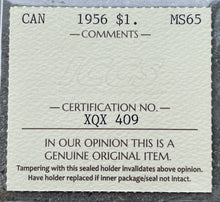 Load image into Gallery viewer, 1956 Canada 1 Dollar Silver Coin One Dollar ICCS Gem 65
