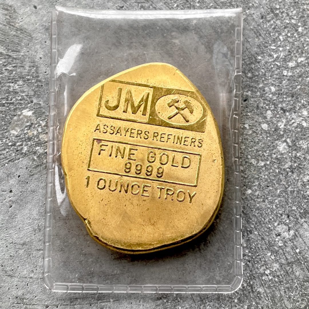 Johnson Matthey 1oz Vintage Mining Gold Bar 1 oz .9999 Poured Like Style Button