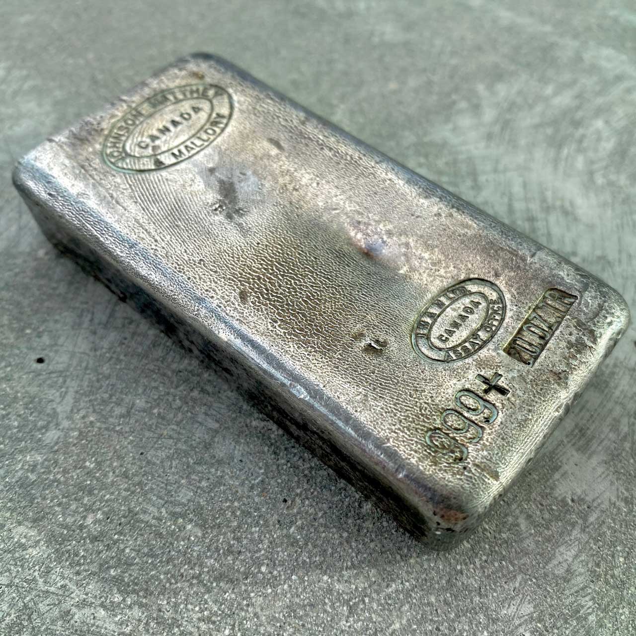 Scarce Johnson Matthey Mallory 20oz .999 Fine Silver Bar