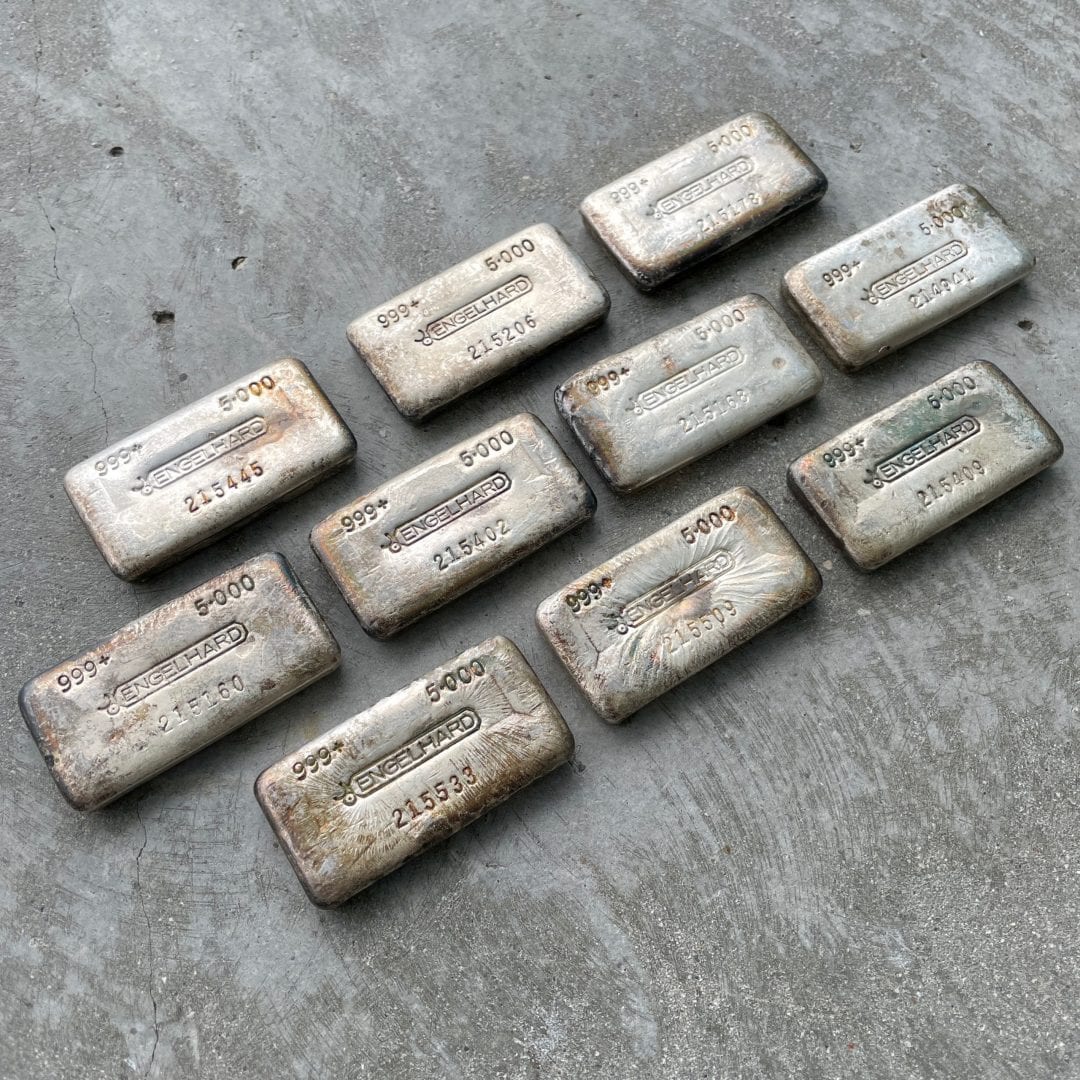 Group of 10 Engelhard 5oz .999 Fine Silver Bars