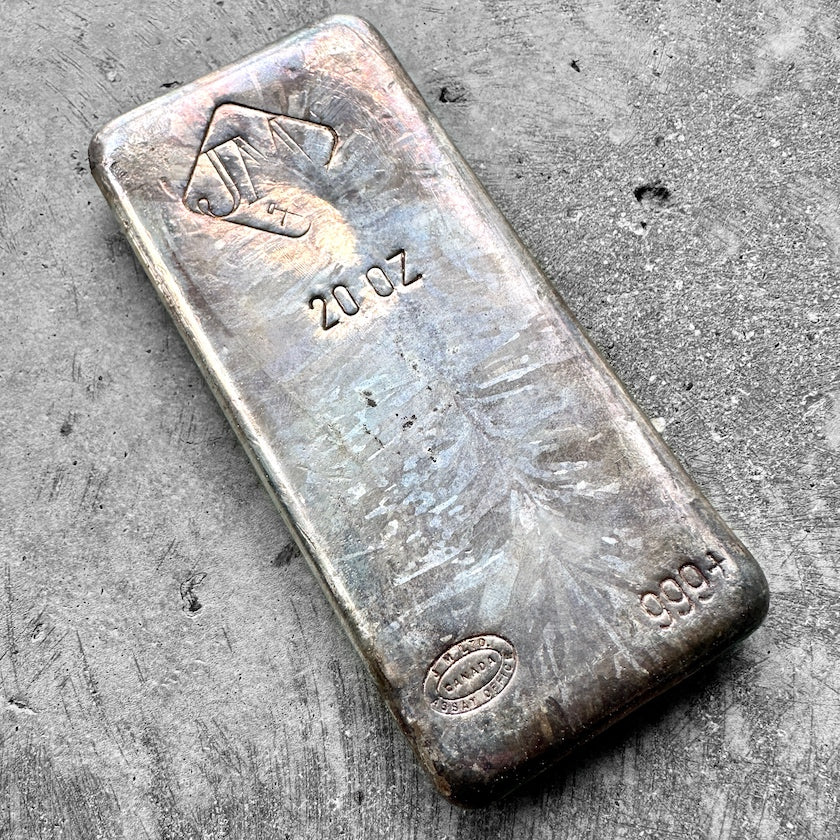 Vintage 20 oz .999 Silver Johnson Matthey Poured bar – toning + Linden Frost