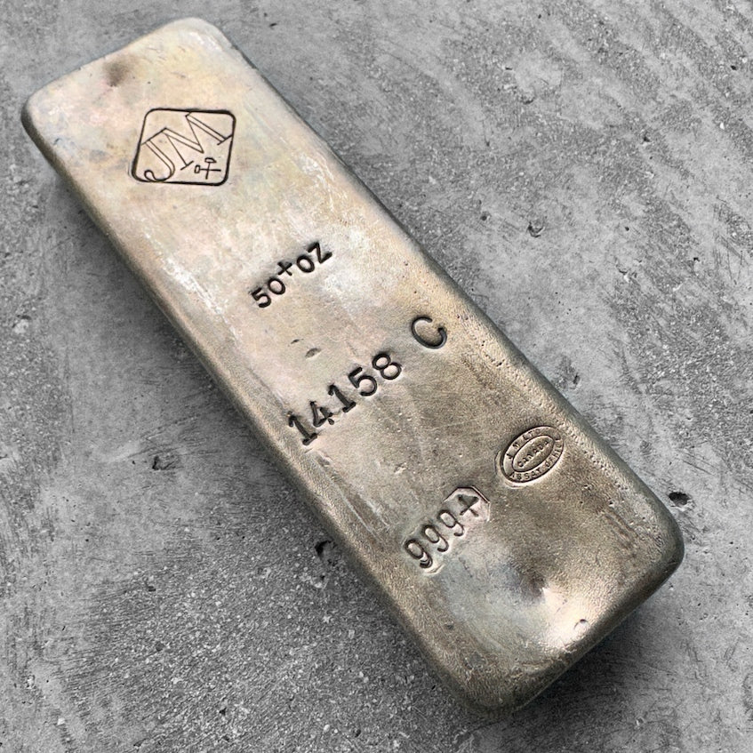 50 oz .999 Silver Johnson Matthey Poured bar - C Serial - Misplaced Stamp Error