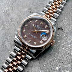 36mm Rolex Rose Gold Two Tone - Original Diamond Black Mother of Pearl Dial