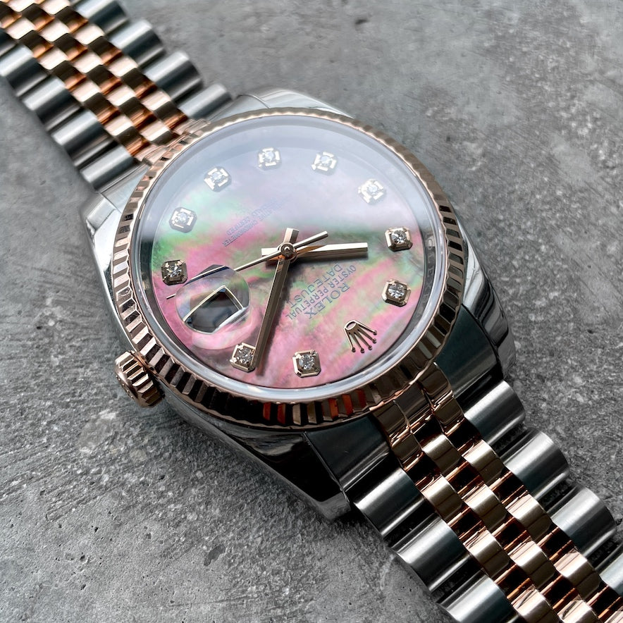 36mm Rolex Rose Gold Two Tone - Original Diamond Black Mother of Pearl Dial