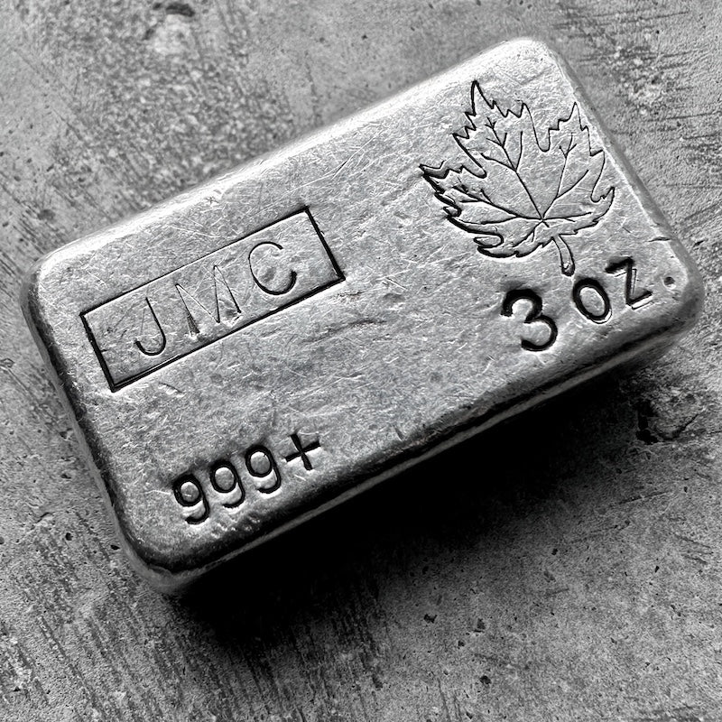 Vintage Johnson Matthey Company JMC Silver 3oz Silver bar with Maple Leaf