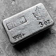 Load image into Gallery viewer, Vintage Johnson Matthey Company JMC Silver 3oz Silver bar with Maple Leaf
