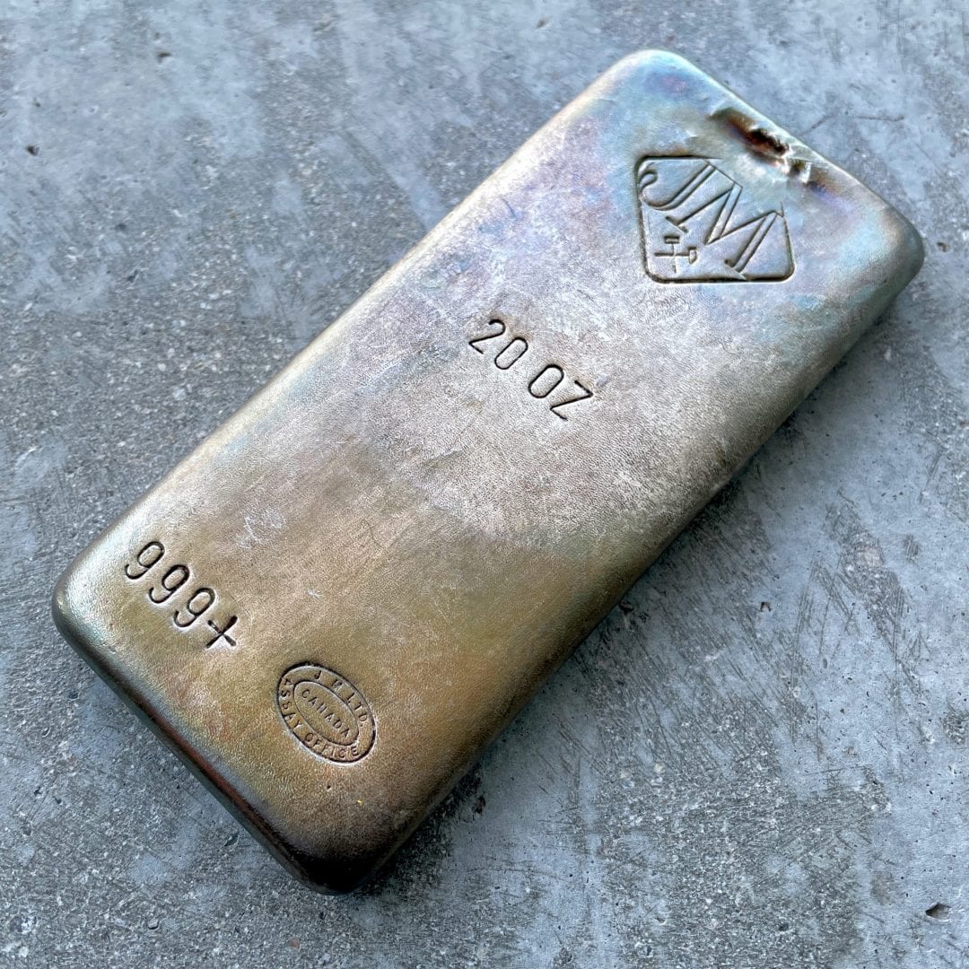 Stunning Johnson Matthey 20 oz .999 Silver Poured Bar - Pretty Patina
