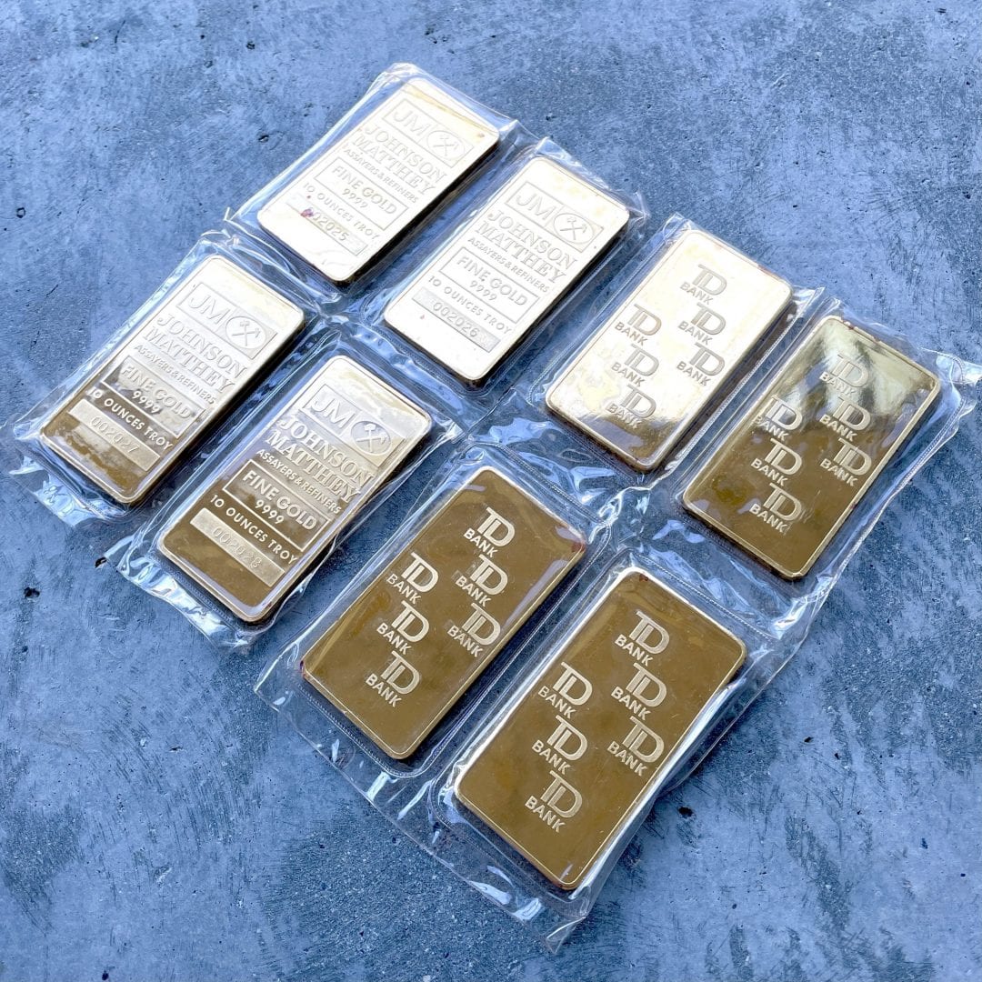 Group of 8 Johnson Matthey TD Bank 10oz .999 Pure Gold Bars
