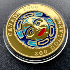 $300 2008 Four Seasons Canada Gold 14KT Coin - Blue Enamel Moon Mask