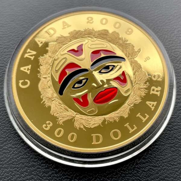 2009 Four Seasons Canada Gold 14KT Coin $300 – Red Enamel Haida Summer Moon Mask