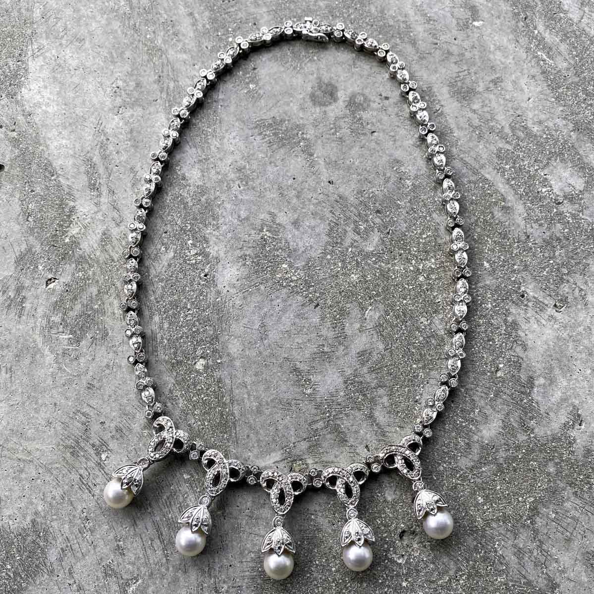 14K White Gold Necklace set with 5+ Carats of diamonds and Cultured Pearls